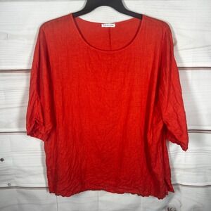 New Collection Linen Blouse Women OS Orange Solid Boxy Dolman Sleeve Top Relaxed